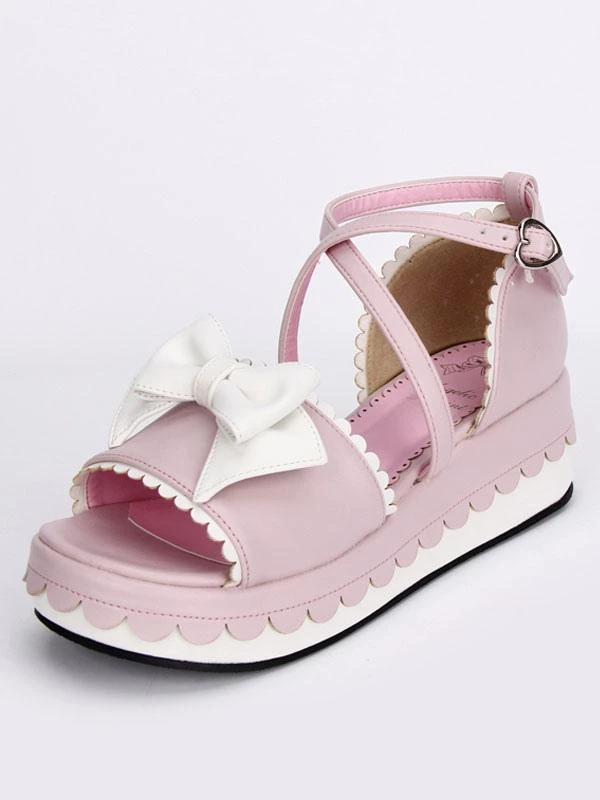 Lolitashow Pink Lolita Platform Sandals White Bows Ankle Straps Heart Shape Buckle - Image 4