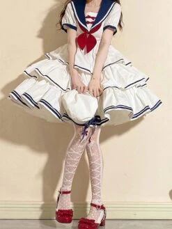Sweet Lolita Dress Polyester Short Sleeves Dress Navy Style Lolita Dress