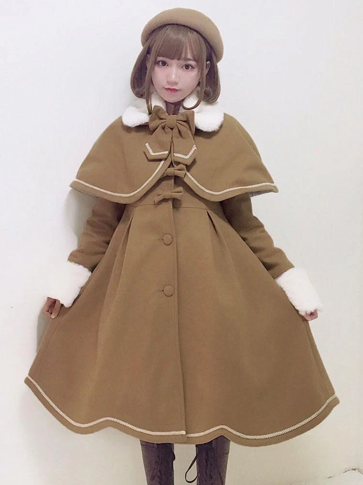 Sweet Lolita Overcoat Bow Pleated Wool Lolita Winter Coat With Cape - Image 2