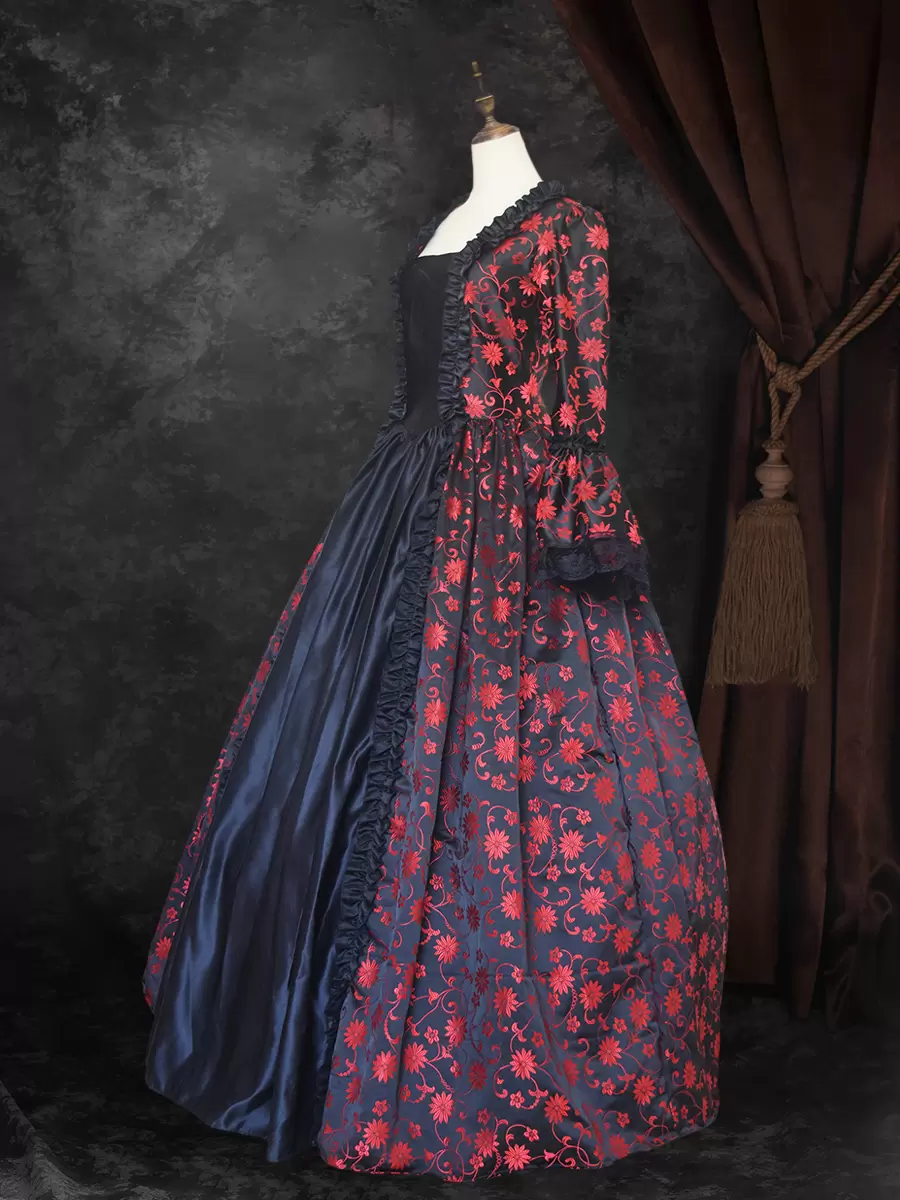 Black Gold Retro Costumes Women's Marie Antoinette Costume Floral Print Lace Up Satin Fabric Set Choker Gothic 18th Century Costume - Image 3