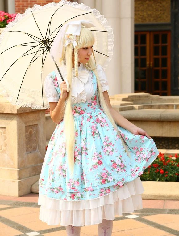 Lolitashow Light Blue Cotton Lolita One-piece Dress Flower Print Short Sleeves Chiffon Ruffles - Image 8