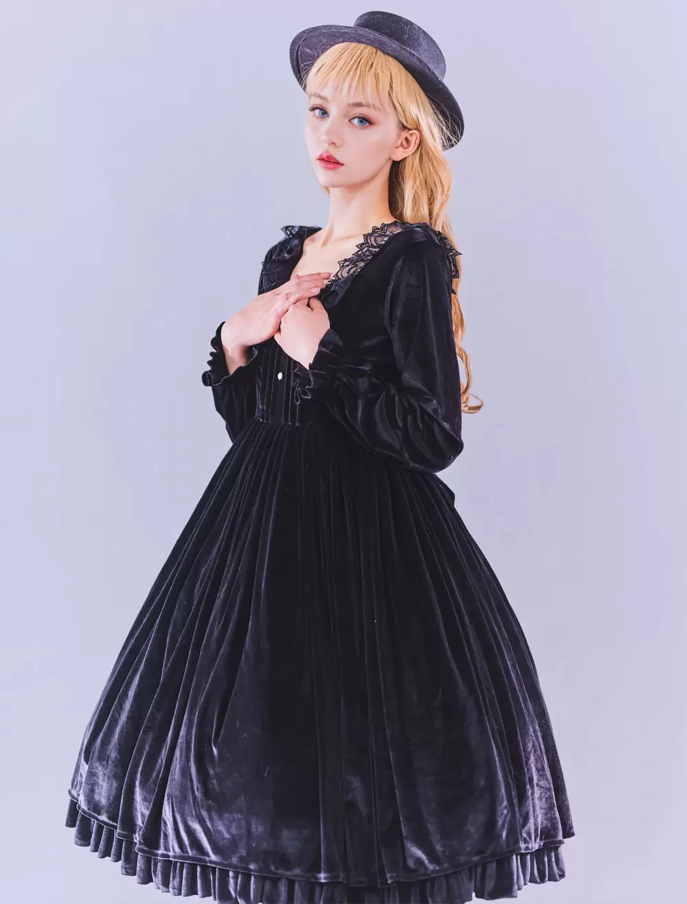 Lolitashow Exclusive Gothic Lolita Dresses Ruffles Lace Black Long Sleeve Velour Daily Casual Dress - Image 4