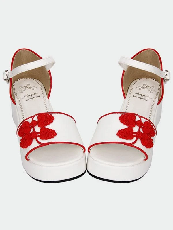 Lolitashow White Qi Lolita Sandals Platform Red Chinese Style Buttons