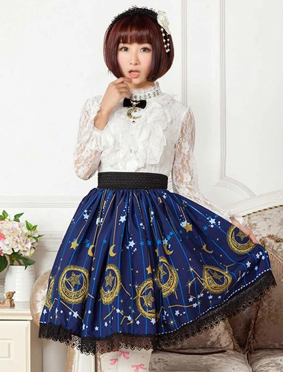 Deep Blue Star Printed Polyester Short Lolita Skirt Dress For Girls - Image 3