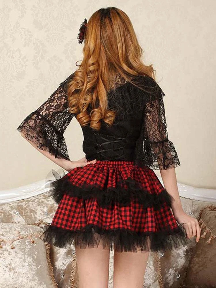 Classic Lolita SK Bow Plaid Ruffle Lace Red Lolita Skirt - Image 4