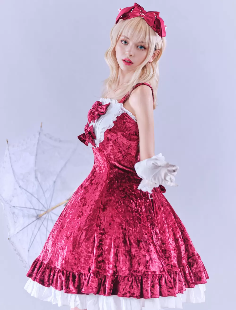 JSK Lolitashow Exclusive Sweet Lolita Dress Velour Sleeveless Jumper Lace Bows Ruffles Daily Casual Dress - Image 5