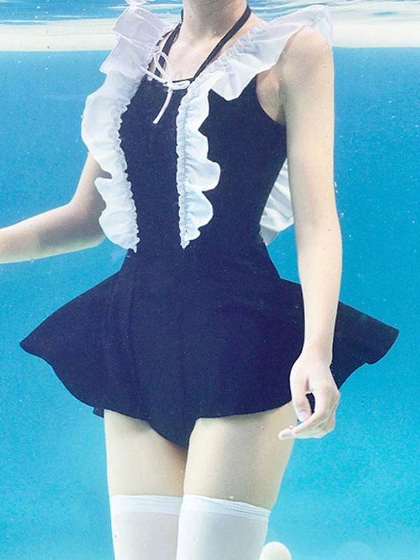Sweet One Piece Swimsuit Backless Lace Up Ruffles Black Lolita Cute Jumpsuit For Women