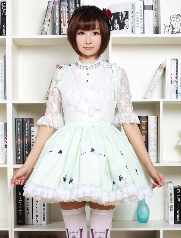 Lolitashow Sweet Lolita Dress In Light Green Printed Qi Lolita Suspender Skirt With White Lace Trim