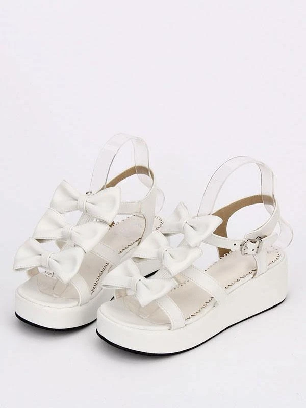 Sweet Lolita Shoes Open Toe Wedge Heel PU Bows Flat White Lolita Sandals - Image 8