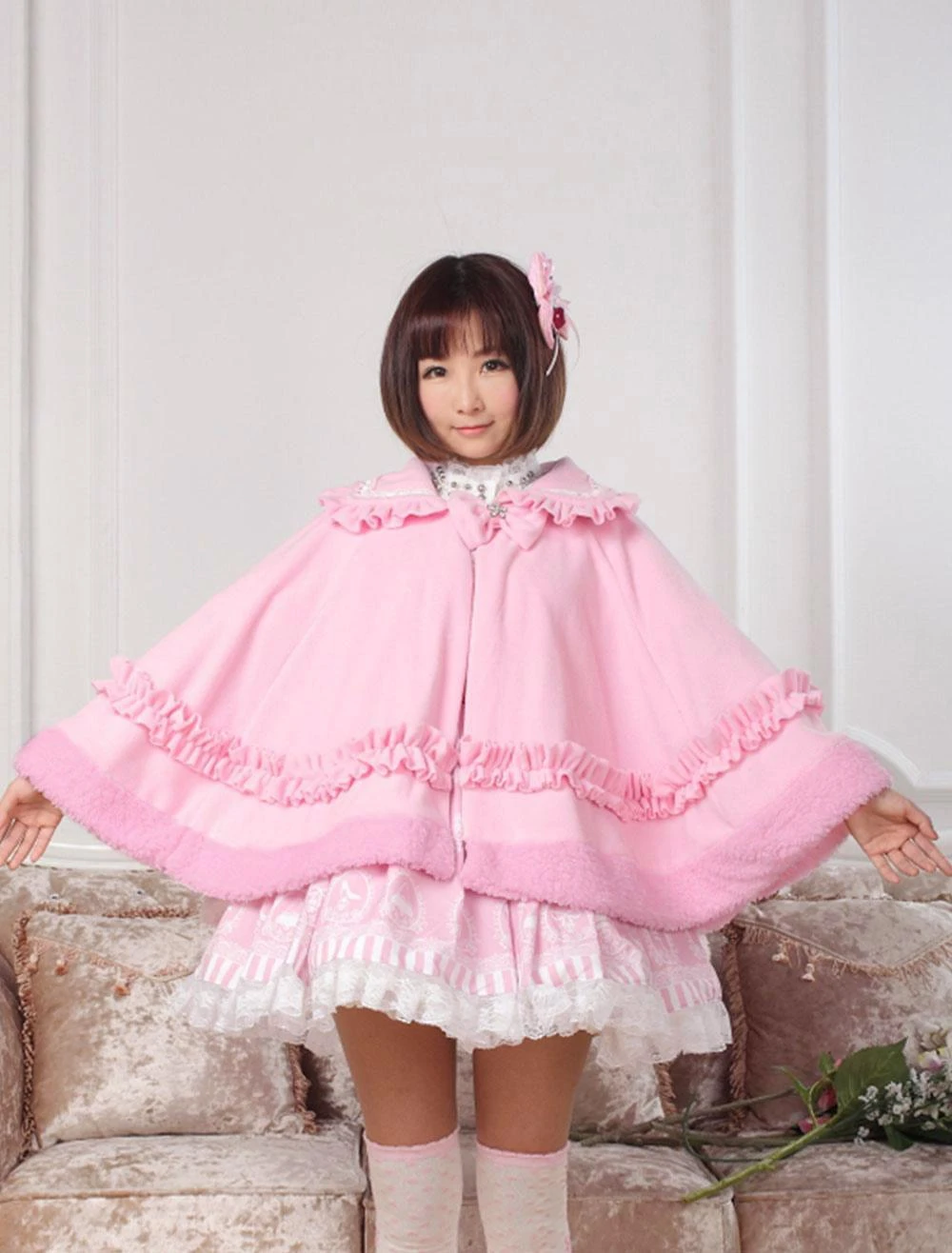 Lolitashow Sweet Lolita Clothing Pink Bow Ruffled Milanoo Lolita Cloak With Peter Pan Collar - Image 2