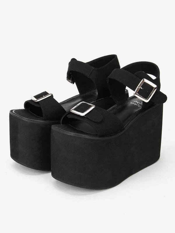 Lolitashow White/Black Lolita Sandals High Platform Square Buckles Ankle Strap - Image 3