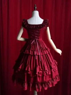 Lolitashow Sweet Lolita Dress Burgundy Ruffles Cotton Dress For Women