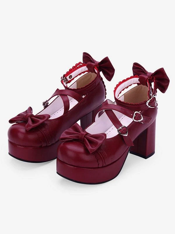 Sweet Lolita Shoes Bow Strappy Platform Chunky Heel PU Burgundy Lolita Footwear