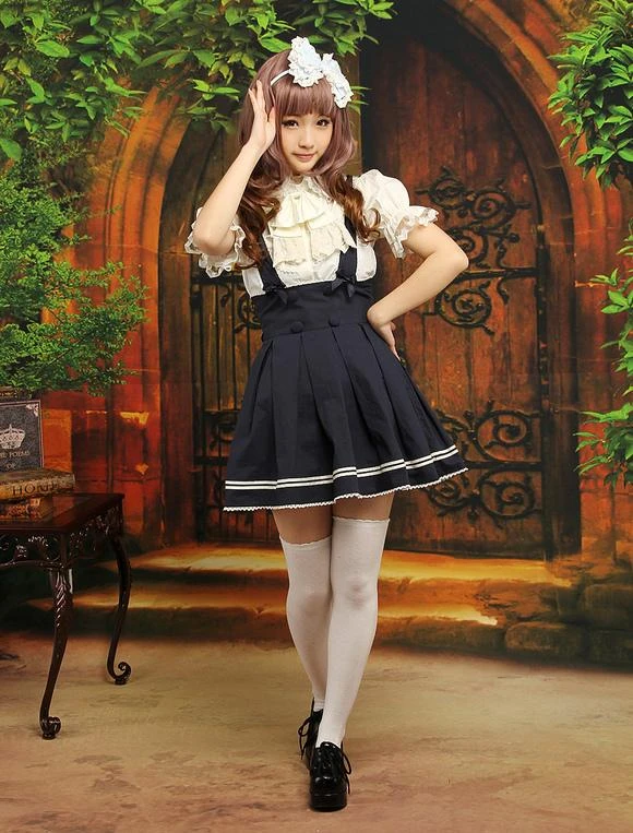 Lolitashow Navy Blue Cotton Lolita Skirt Salopette Beige Stripe - Image 2