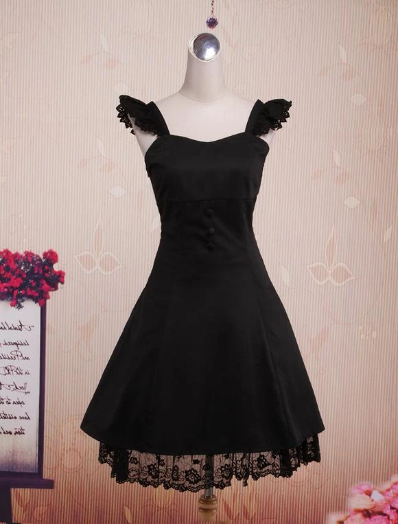Lolitashow Classic Black Straps Neck Cotton Lolita Jumper Skirt