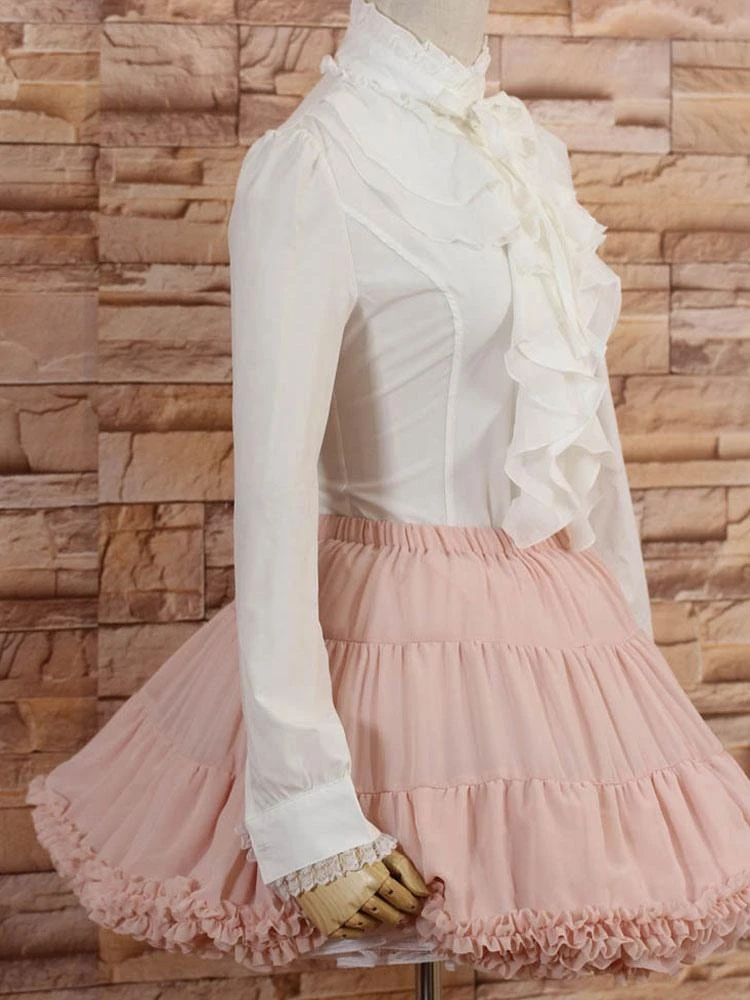 Lolitashow White High Collar Lolita Blouse Long Sleeves With Ruffles - Image 3