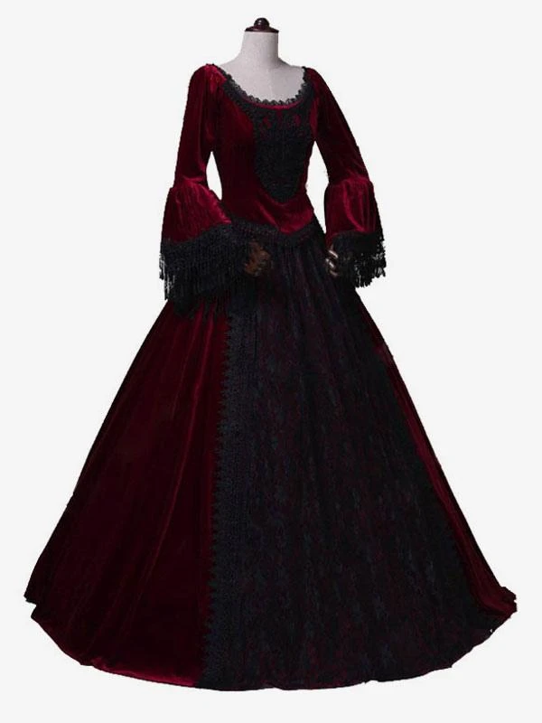 Burgundy Retro Costumes Women's Marie Antoinette Costume Lace Lace Polyester Tunic Dress Retro Masquerade Ball Gown - Image 3