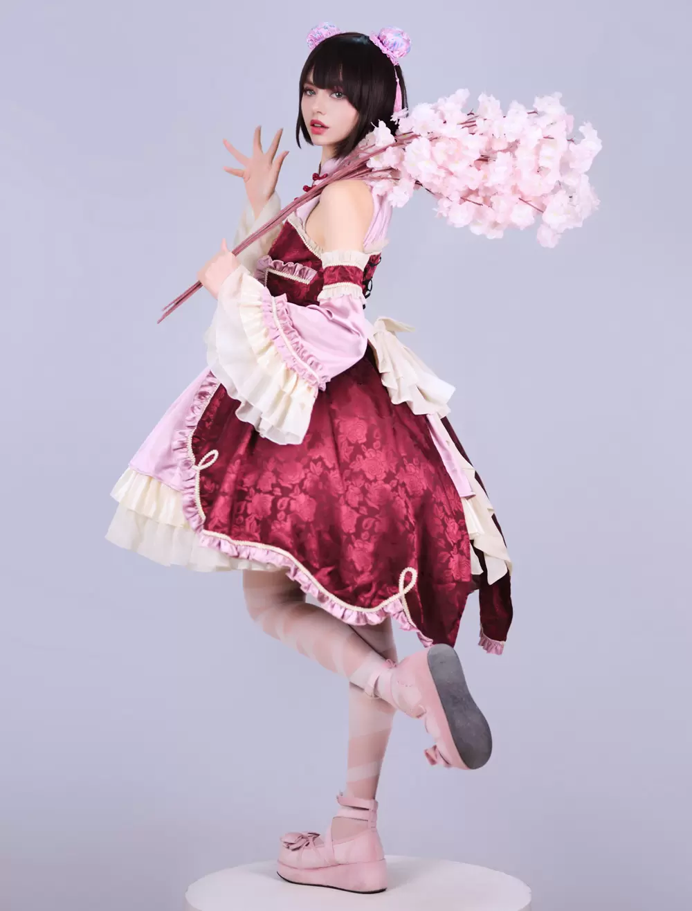 Lolitashow Exclusive Chinese Style Lolita Dress Bows Sleeveless Chiffon Floral Print Burgundy Tea Party Dress - Image 3