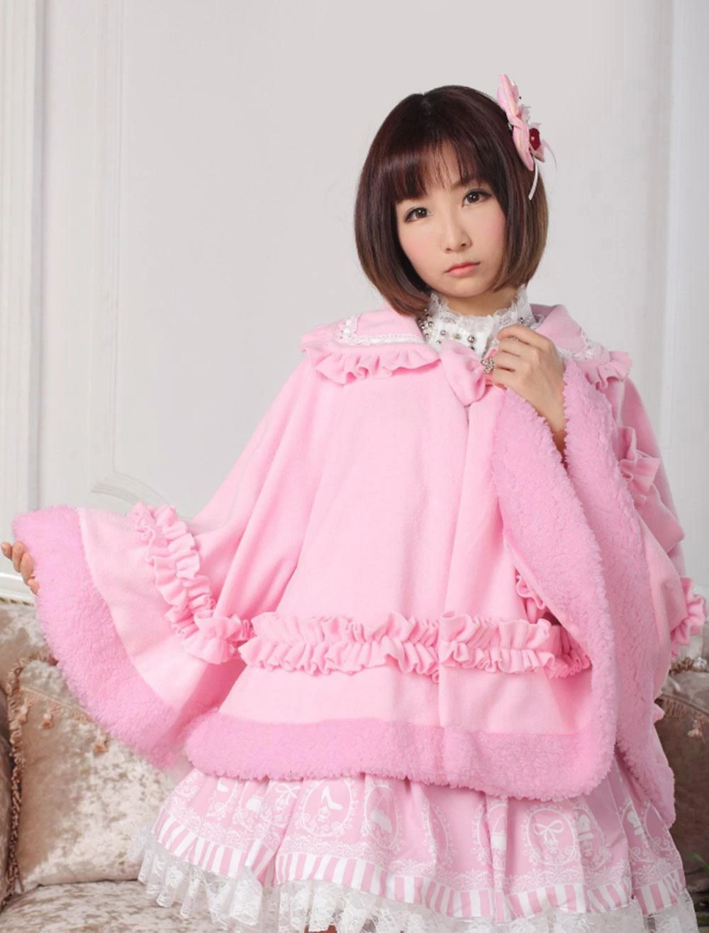 Lolitashow Sweet Lolita Clothing Pink Bow Ruffled Milanoo Lolita Cloak With Peter Pan Collar