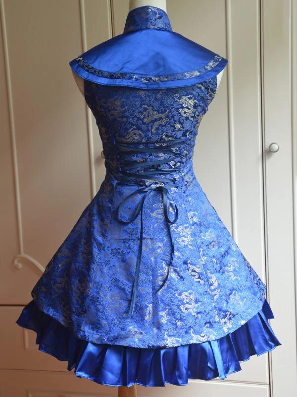 Classic Blue Qi Lolita Dress Sleevesless Lace Up Printed Satin - Image 4