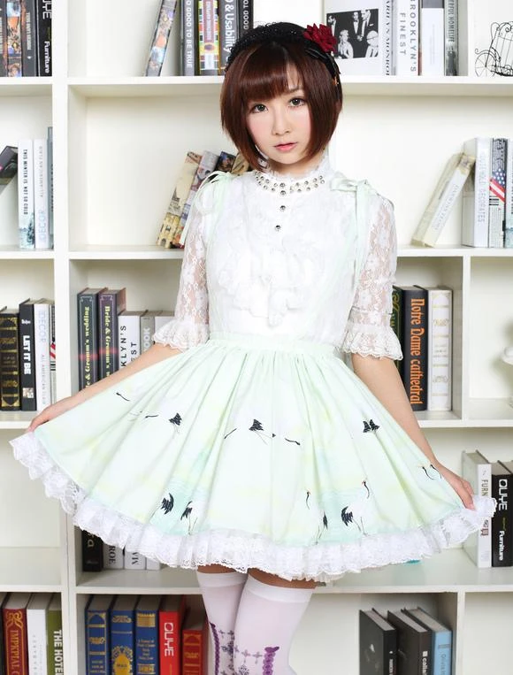 Lolitashow Sweet Lolita Dress In Light Green Printed Qi Lolita Suspender Skirt With White Lace Trim - Image 5