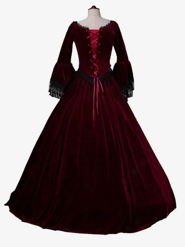 Burgundy Retro Costumes Women's Marie Antoinette Costume Lace Lace Polyester Tunic Dress Retro Masquerade Ball Gown - Image 2