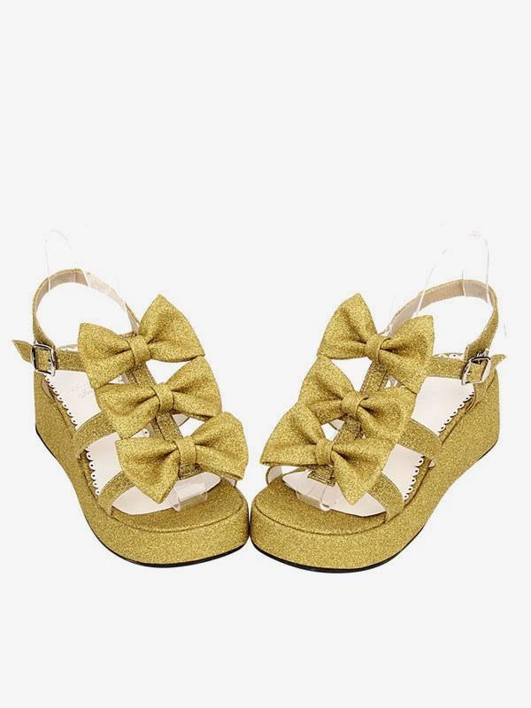 Sweet Lolita Shoes Open Toe Wedge Heel PU Bows Flat White Lolita Sandals - Image 5