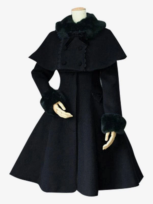 Lolitashow Sweet Lolita Coat Black Wool Turndown Collar Long Sleeve Slim Fit Detachable Lolita Cape Coat