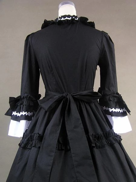 Lolitashow Gothic Black And White Poplin Long Sleeves Lolita One-Piece Dress - Image 2