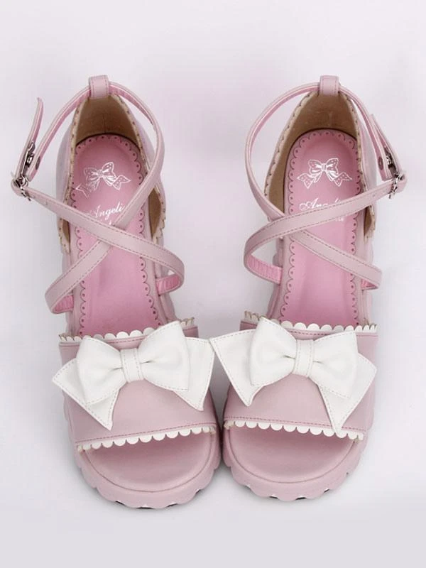 Lolitashow Pink Lolita Platform Sandals White Bows Ankle Straps Heart Shape Buckle - Image 5