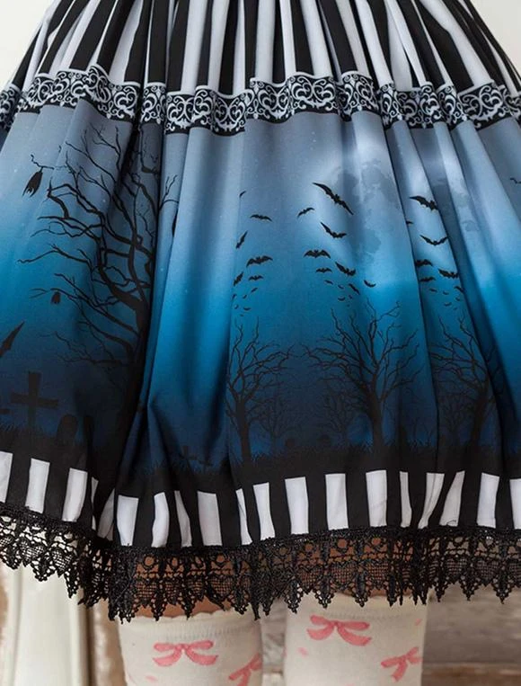 Lolitashow Sweet Lolita Skirt The Bat Under The Blue And White Moon Night SK Lolita Skirt - Image 7