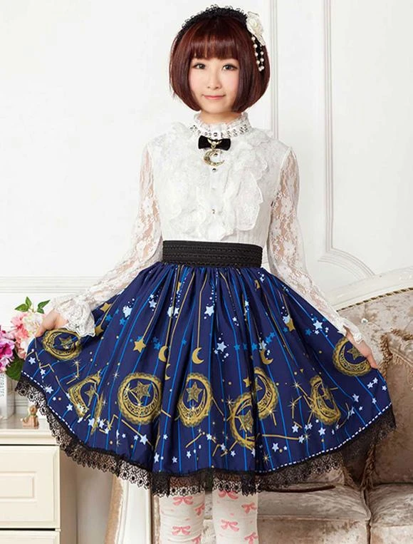 Deep Blue Star Printed Polyester Short Lolita Skirt Dress For Girls - Image 2
