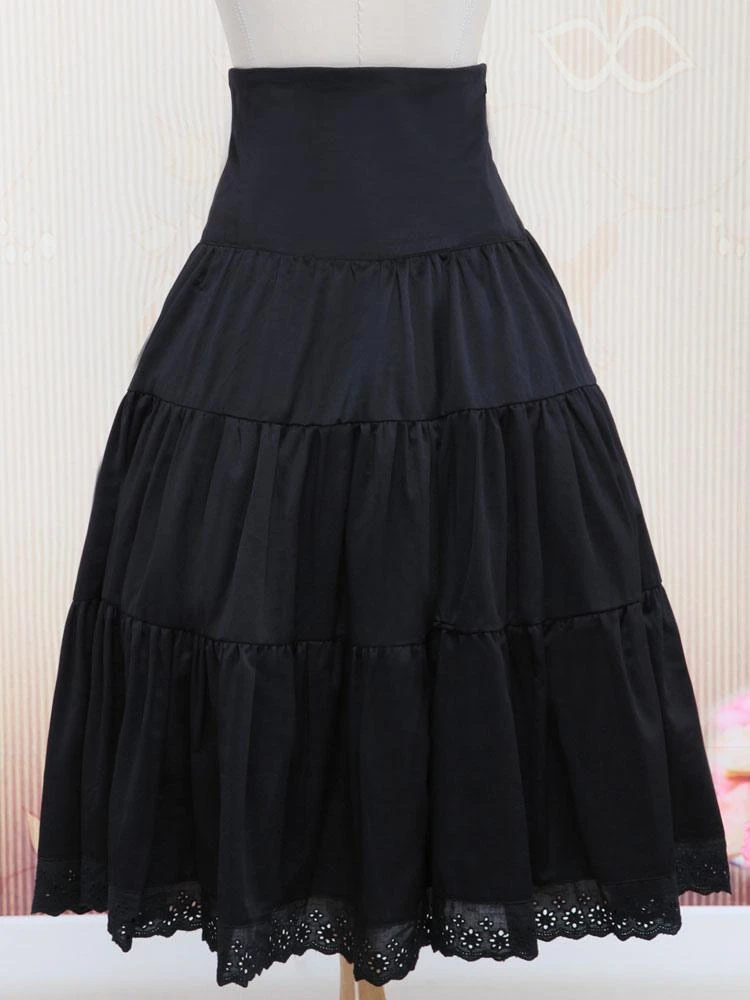 Lolitashow Pure Black Cotton Loltia Long Skirt High Waist Ruffles Trim - Image 3