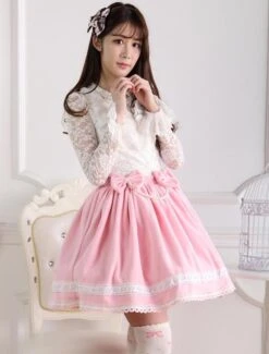 Sweet Pink Short Kawaii Lolita Skirt With White Trim Bow Pears Skirt