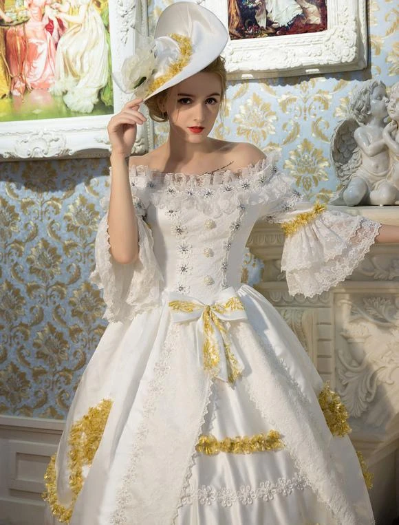 White Retro Costumes Flared Sleeve Off The Shoulder Victorian Vintage Maxi Dress Halloween - Image 5