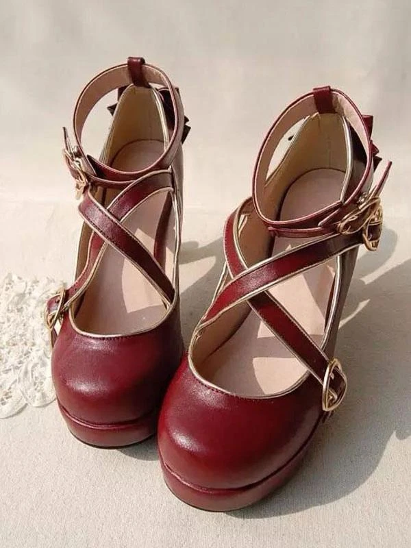 Sweet Lolita Pumps Strappy Criss Cross Buckle Bow High Heel Lolita Shoes - Image 3