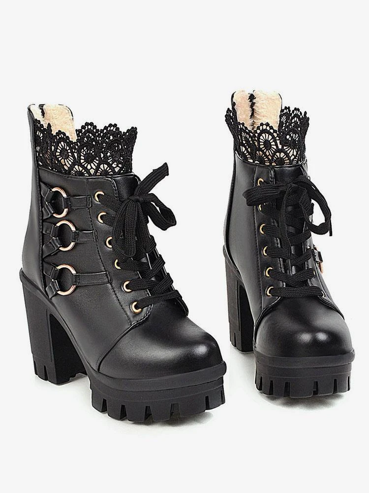 Sweet Lolita Boots Black Lace Round Toe PU Leather Chunky Heel Lolita Footwear - Image 3