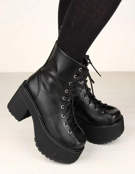 Lolitashow Black Lace Up PU Lolita Boots For Girls - Image 8