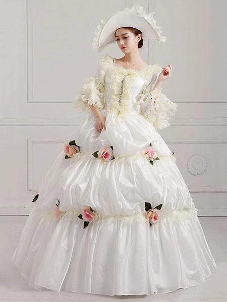 Victorian Dress Costume Women's Victorian Era Clothing White Square Neckline Ball Gown Pageant Dress With Flowers Outfits Halloween - Image 2