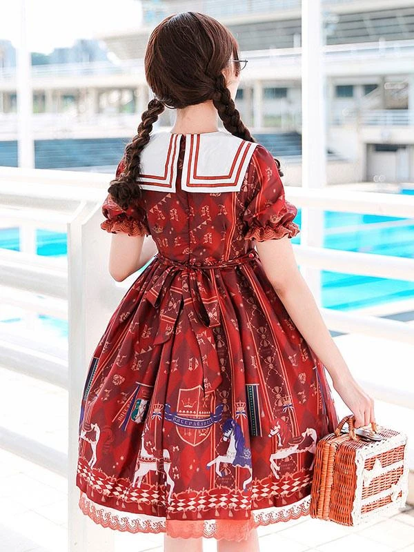 Sweet Lolita OP Dress Royal Trojan Bow Print Chiffon Burgundy Lolita One Piece Dress - Image 4