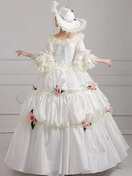 Victorian Dress Costume Women's Victorian Era Clothing White Square Neckline Ball Gown Pageant Dress With Flowers Outfits Halloween - Image 4