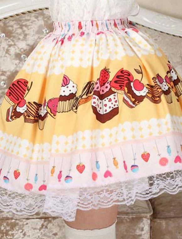 Lolitashow Sweet Yellow Pink Lolita Short Skirt Lace Trim Cake Biscuit Print - Image 4