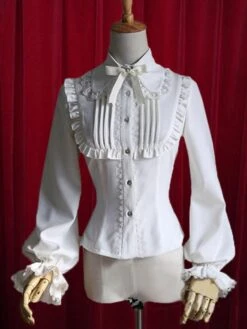 Lolitashow White Lolita Blouse Bow Ruched Cotton Blouse For Women