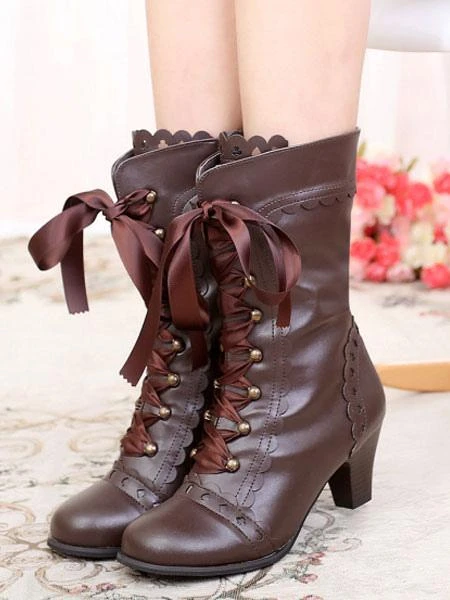 Classic Lolita Boots Round Toe Prism Heel Lace Up Champagne Lolita Winter Boots - Image 3