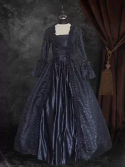 Black Gold Retro Costumes Women's Floral Print Marie Antoinette Costume Lace Up Satin Fabric Set Dress Choker Gothic 18th Century Costume