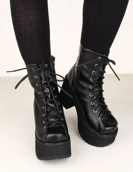 Lolitashow Black Lace Up PU Lolita Boots For Girls - Image 9