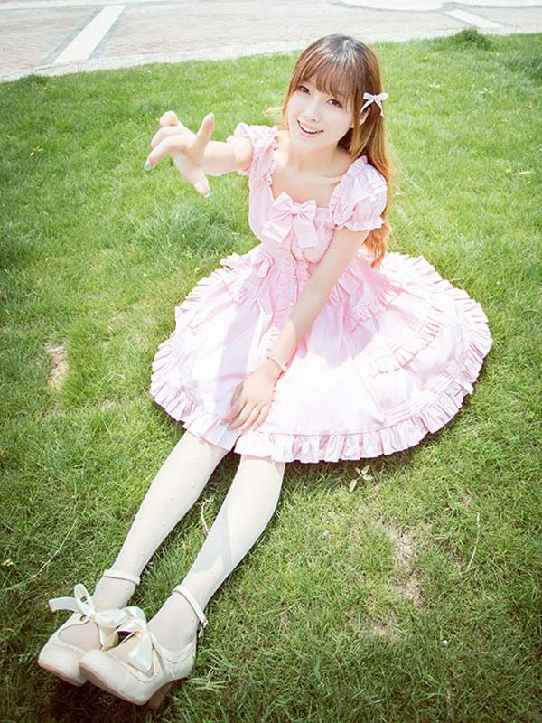 Lolitashow Classical Lolita Dress Layered Ruffles Lolita Dress Short Sleeves Lolita Op Dress With Bows - Image 6