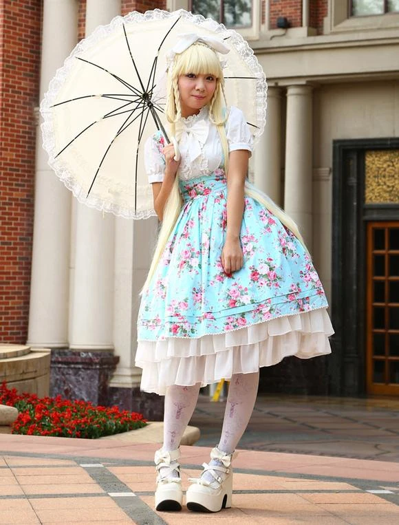 Lolitashow Light Blue Cotton Lolita One-piece Dress Flower Print Short Sleeves Chiffon Ruffles