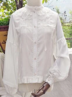 Classic Lolita Blouse Lace Ruffles Long Sleeve Stand Collar White Lolita Top