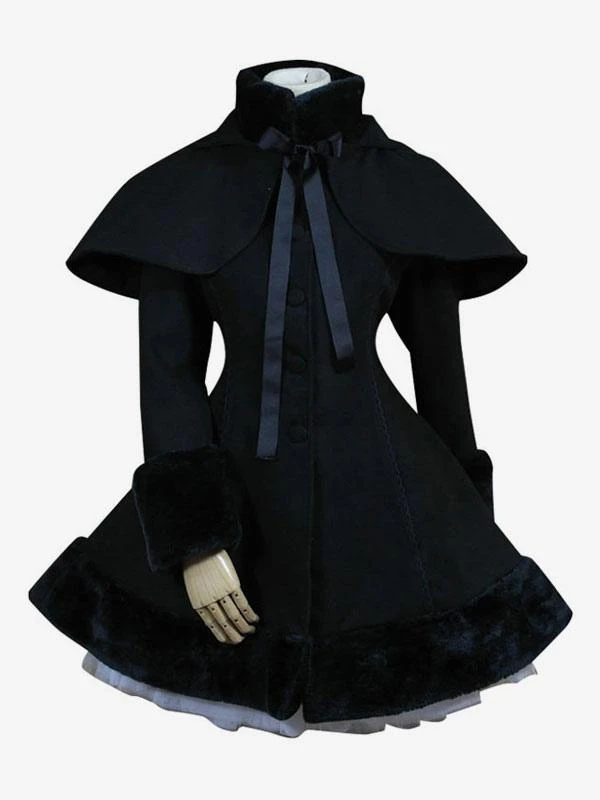 Gothic Lolita Outfits Wool Black Ribbons Hooded Cape With Winter Coat - Image 2